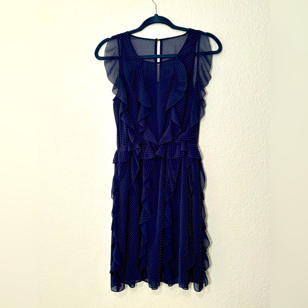 Sachin + Babi Swiss Blue with tan dot ruffle dress size 2